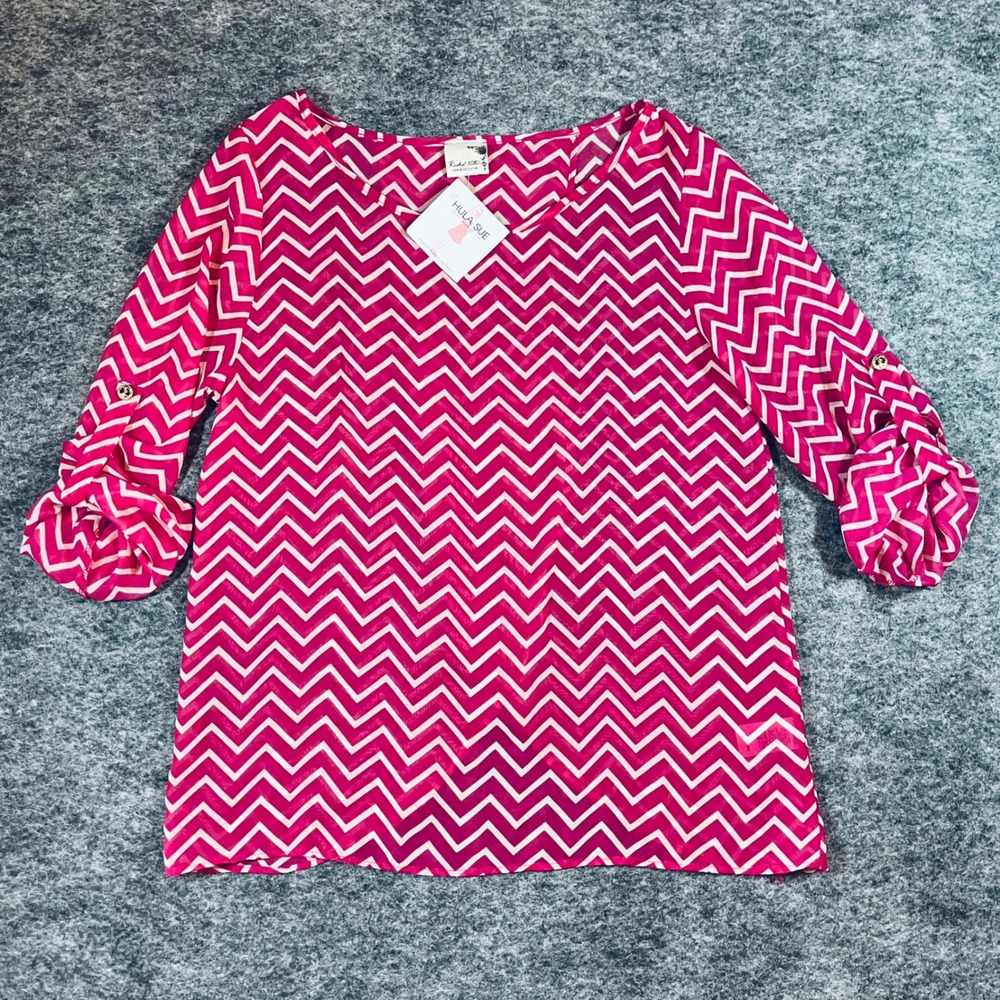 Rachel Kate‎ Sheer Blouse Womens L Pink White Chevron Roll Tab Sleeve Preppy